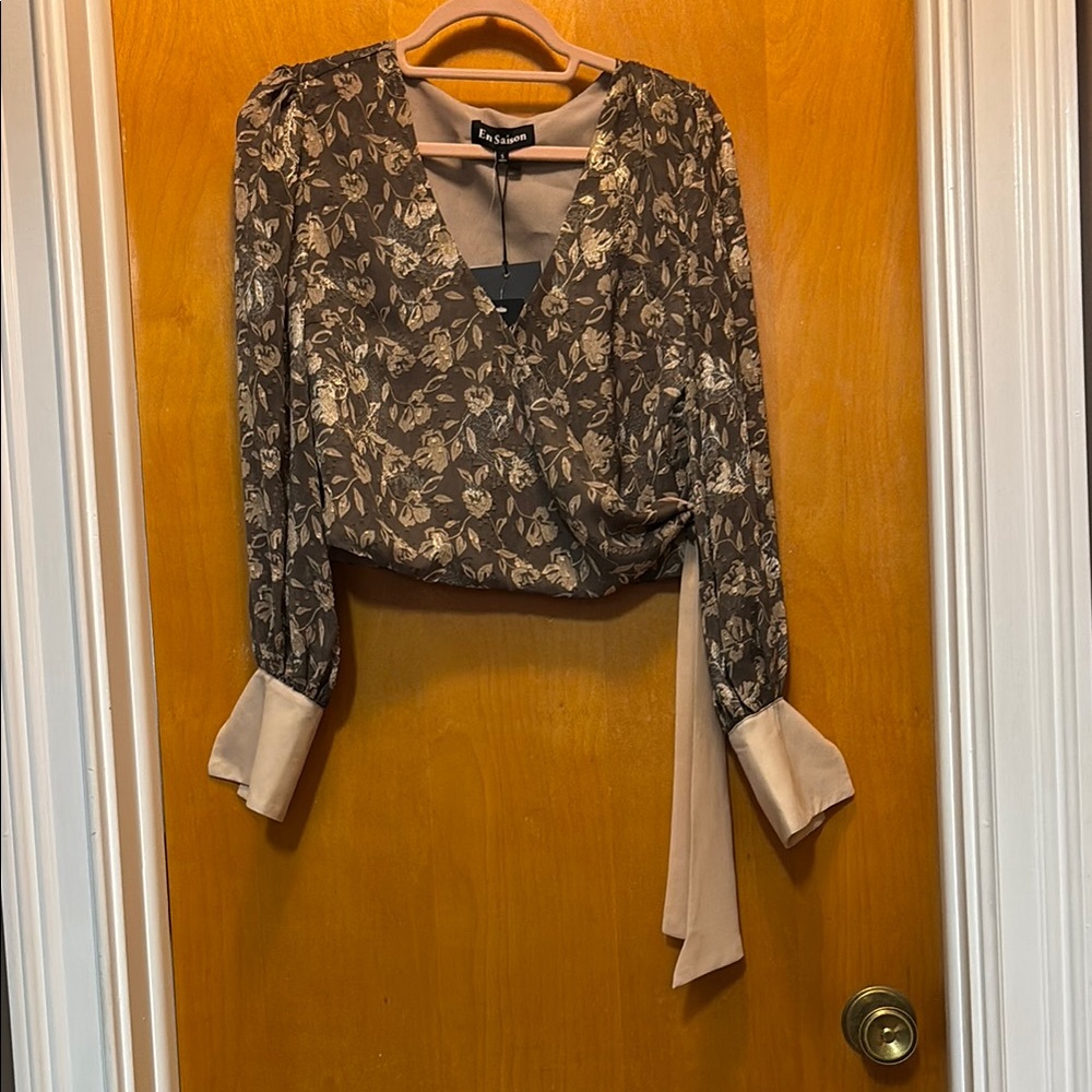 En Saison Black and Gray Wrap Tie Front Blouse